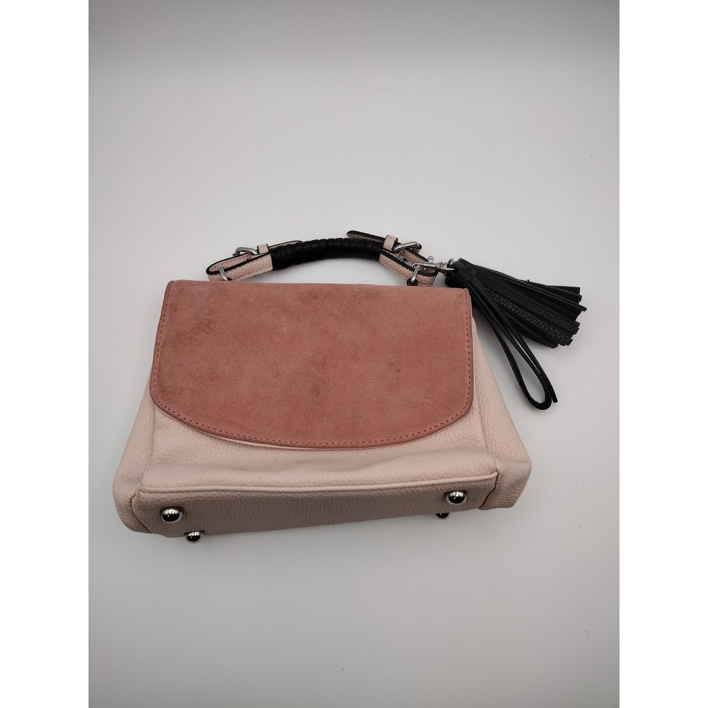 Zara Woman Two Tone Pebbled Handbag Rose Suede Flap Tassel Cream Top Handle